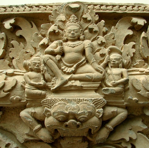 Panel at Prasat Koki (Phnom Kulen) showing Indra overpowering Vritra. 9th century.